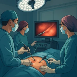 Equipo médico realizando cirugía laparoscópica ginecológica en quirófano moderno