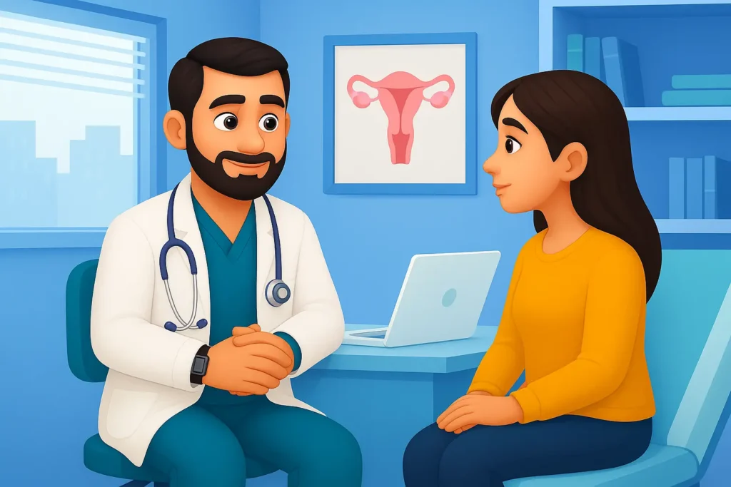 Doctor ginecólogo en consulta con paciente en Guadalajara, en un ambiente médico cálido y profesional