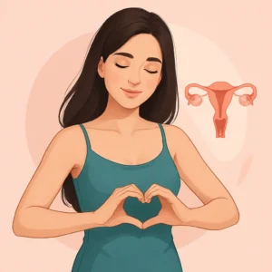 Mujer joven sonriendo con símbolo de salud íntima femenina