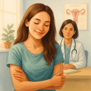 Mujer joven en consulta médica de ginecología recibiendo atención preventiva